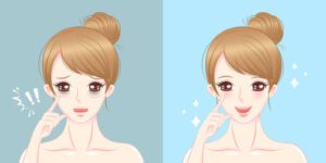 woman eye bags before and after on the blue background