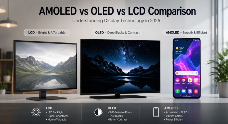 Display technology comparison in 2026: AMOLED vs OLED vs LCD,