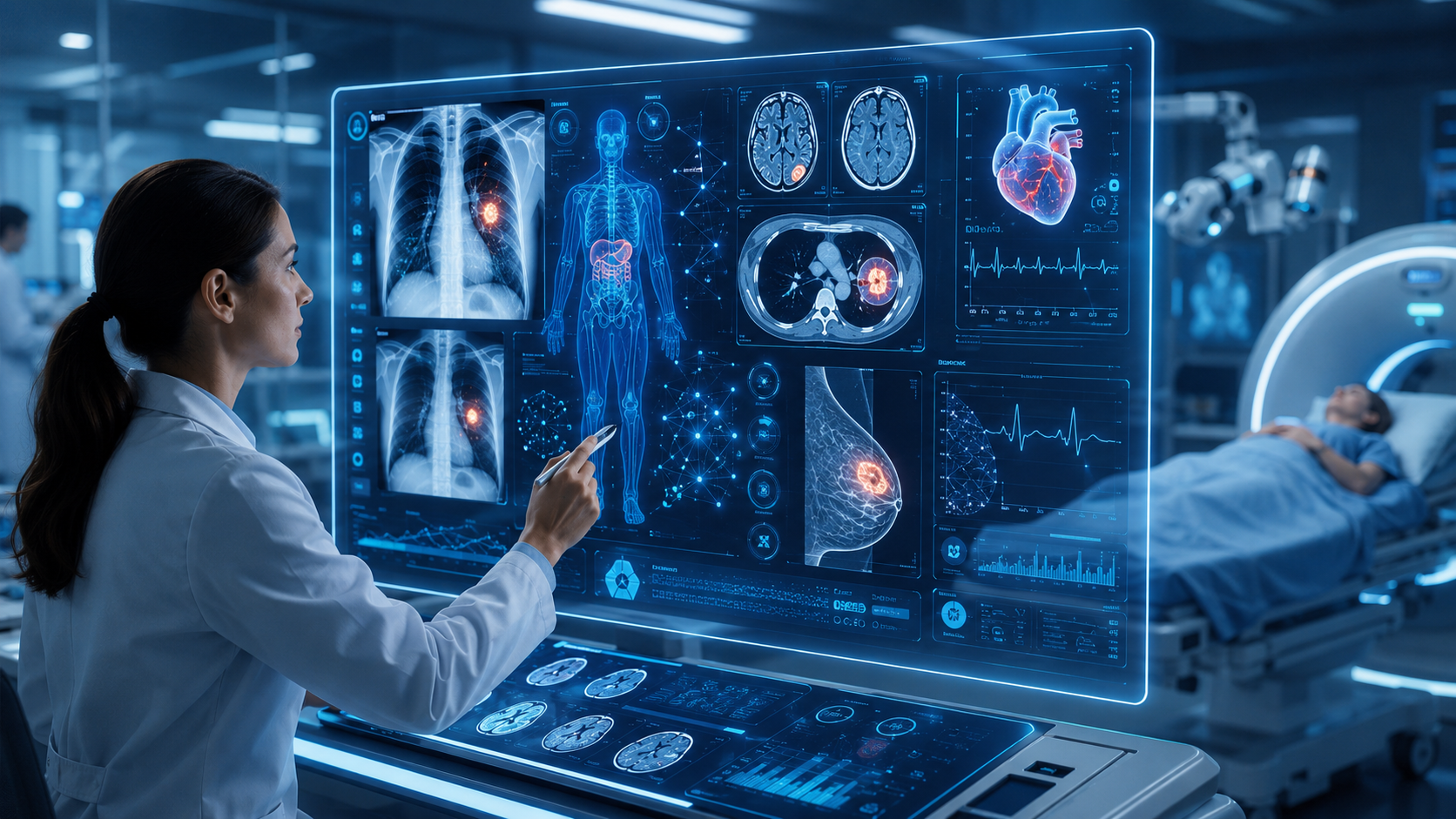Futuristic medical lab with holograms