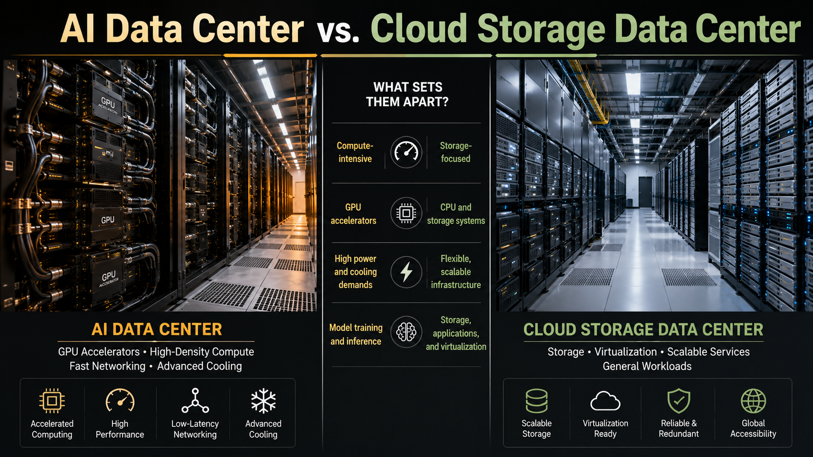 AI data center vs cloud storage data center