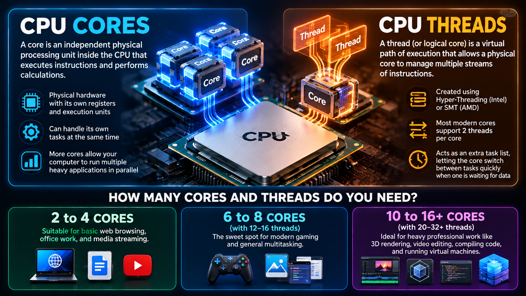 CPU Cores vs Threads Infographic