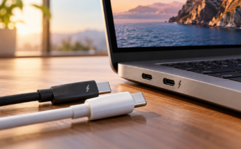 USB-C Cables Beside Laptop at Sunset