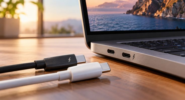 USB-C Cables Beside Laptop at Sunset
