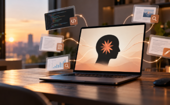 Warm AI Workspace with Floating Panels