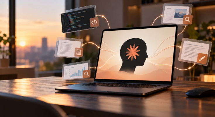 Warm AI Workspace with Floating Panels