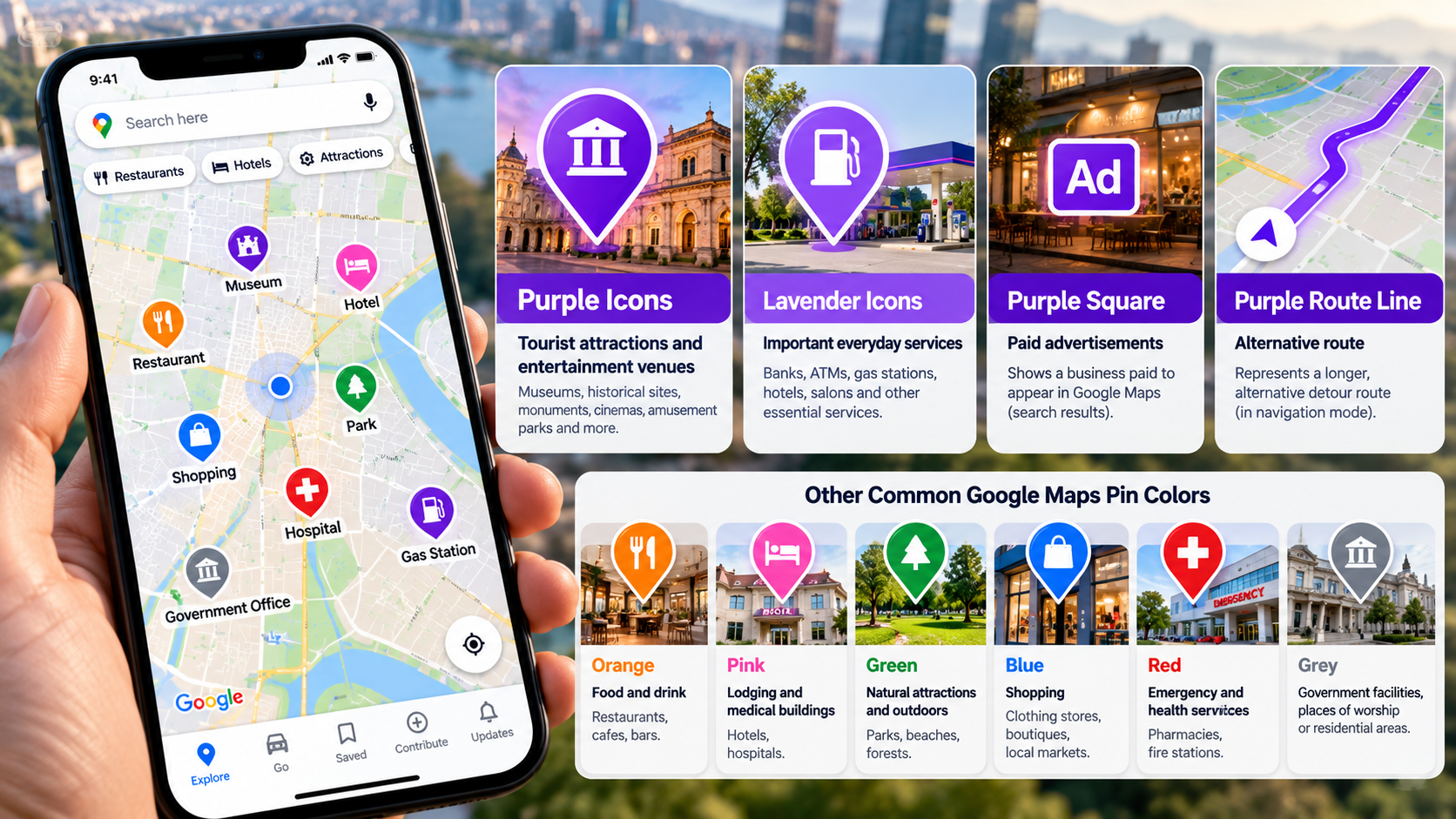 purple icons on Google Maps